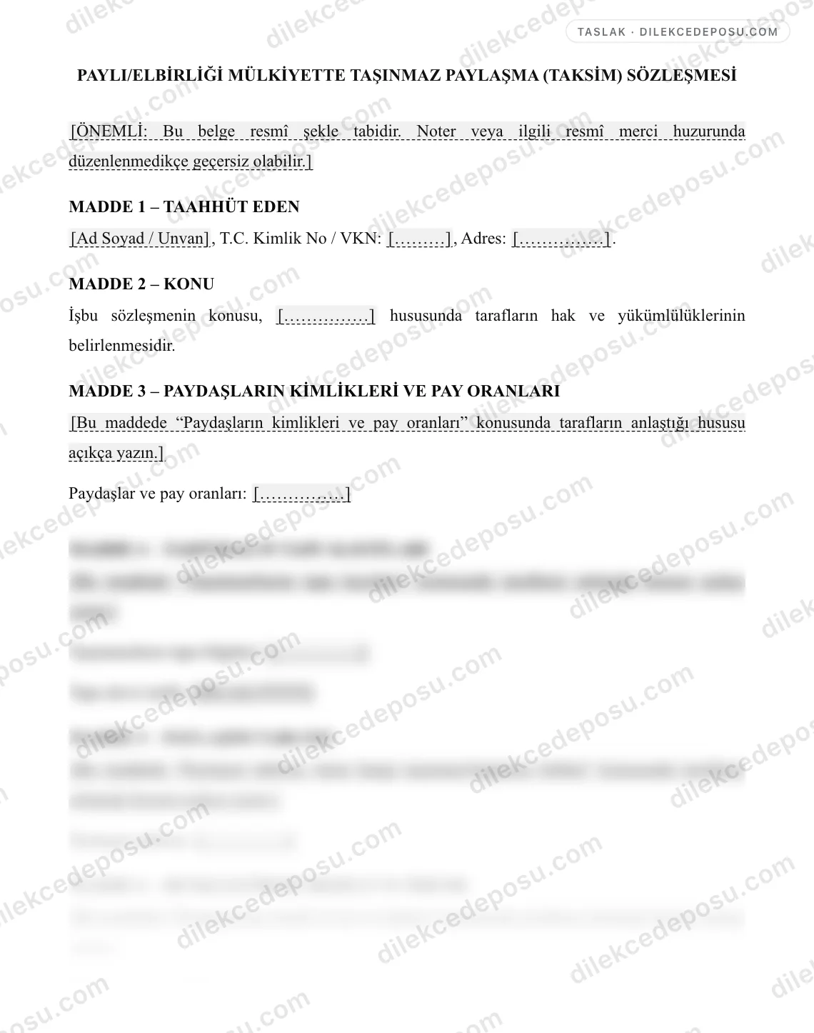 Paylı/Elbirliği Mülkiyette Taşınmaz Paylaşma (Taksim) Sözleşmesi Örneği – taslağın ilk bölümünün önizlemesi