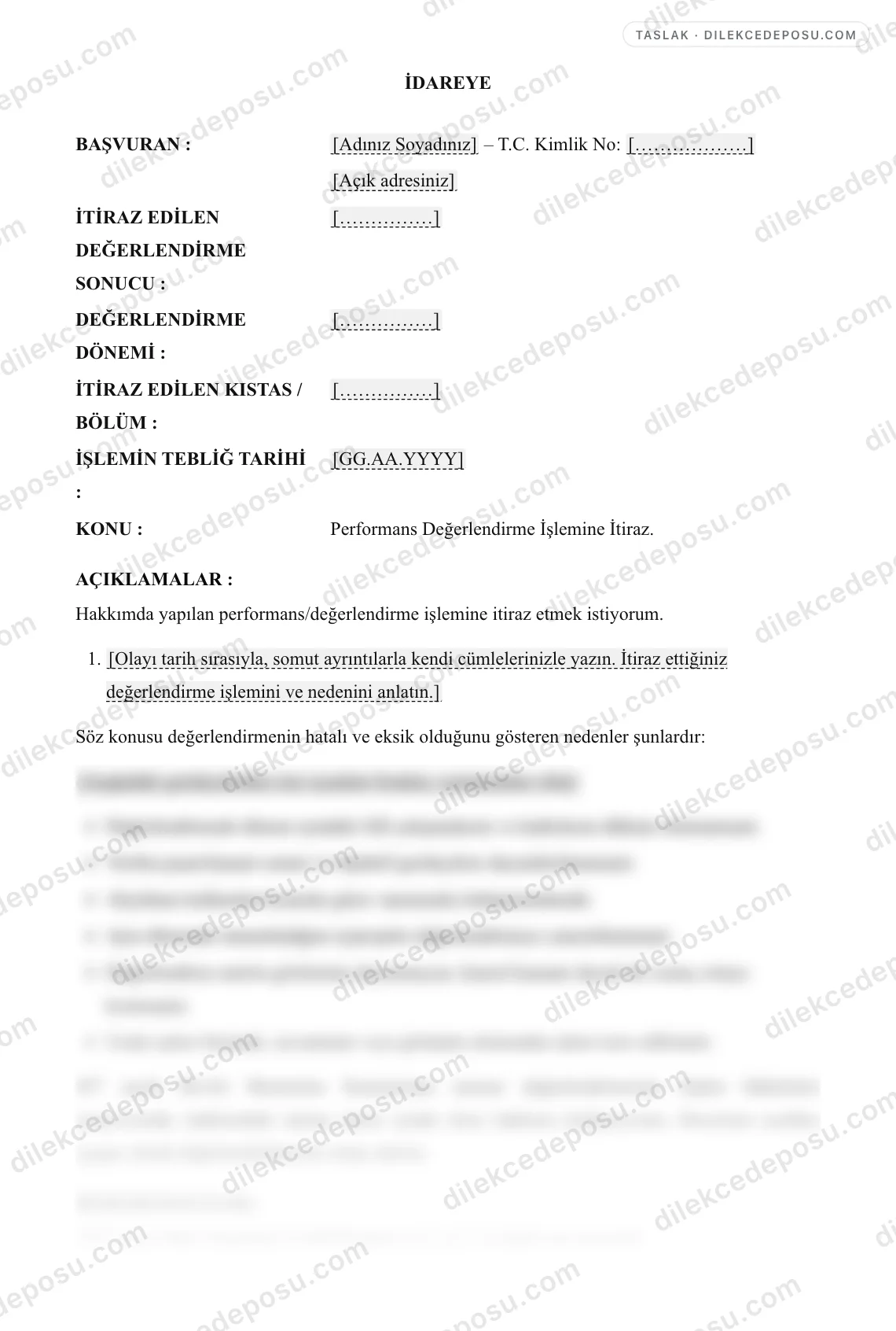 Performans/Değerlendirme İşlemine İtiraz Örneği – taslağın ilk bölümünün önizlemesi