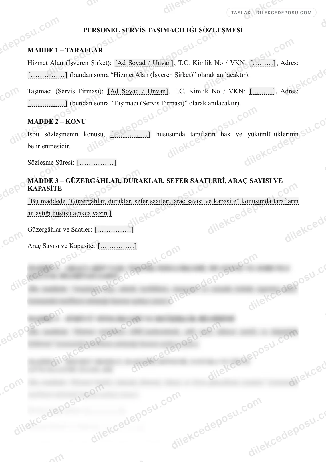 Personel Servis Taşımacılığı Sözleşmesi Örneği – taslağın ilk bölümünün önizlemesi