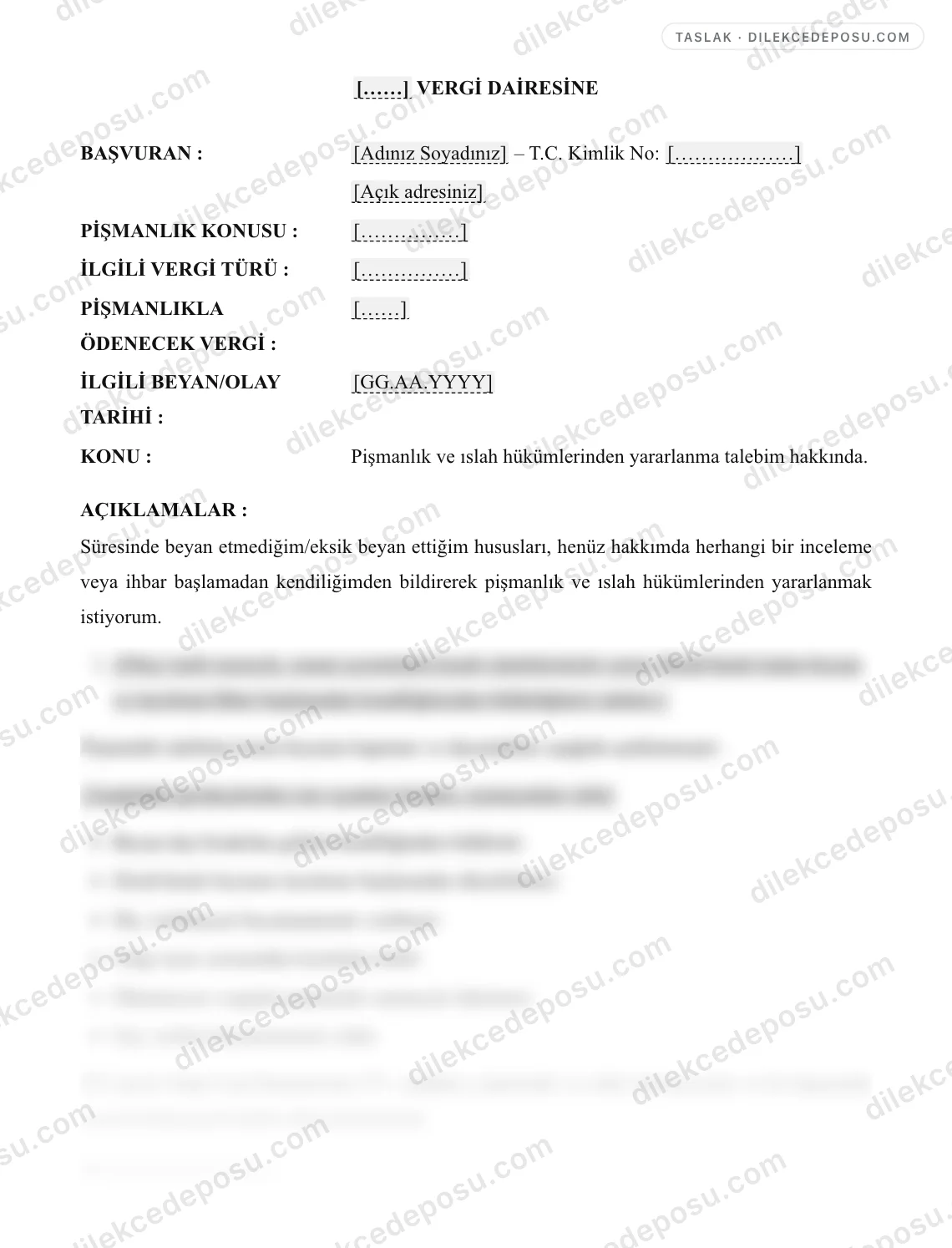 Pişmanlık ve Islah Dilekçesi Örneği – taslağın ilk bölümünün önizlemesi