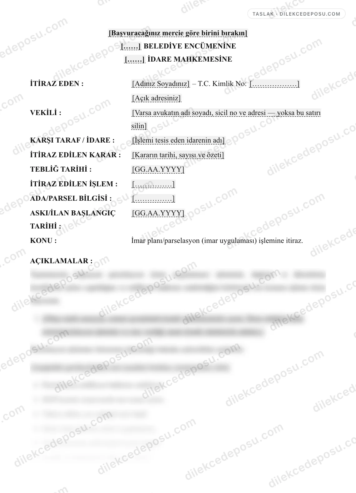 Plan Notu/Parselasyon İşlemine İtiraz Örneği – taslağın ilk bölümünün önizlemesi