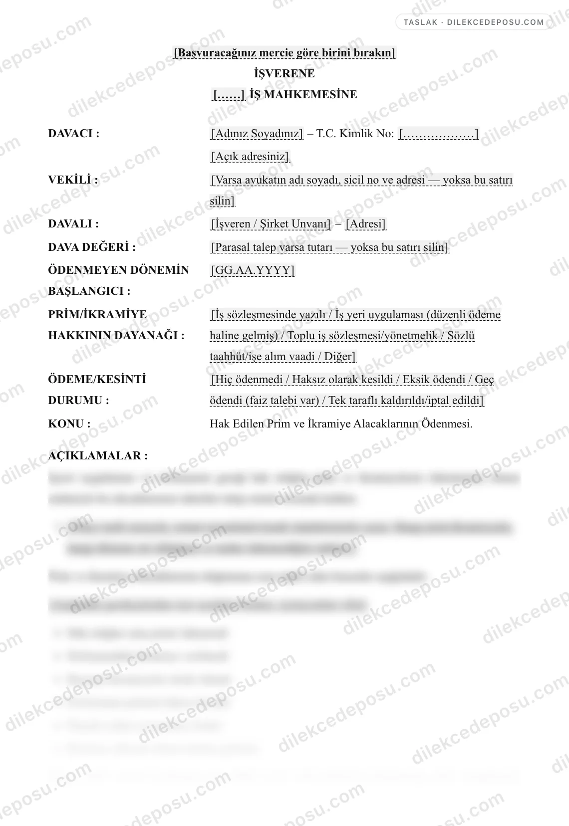 Prim/İkramiye Alacağı Dilekçesi Örneği – taslağın ilk bölümünün önizlemesi