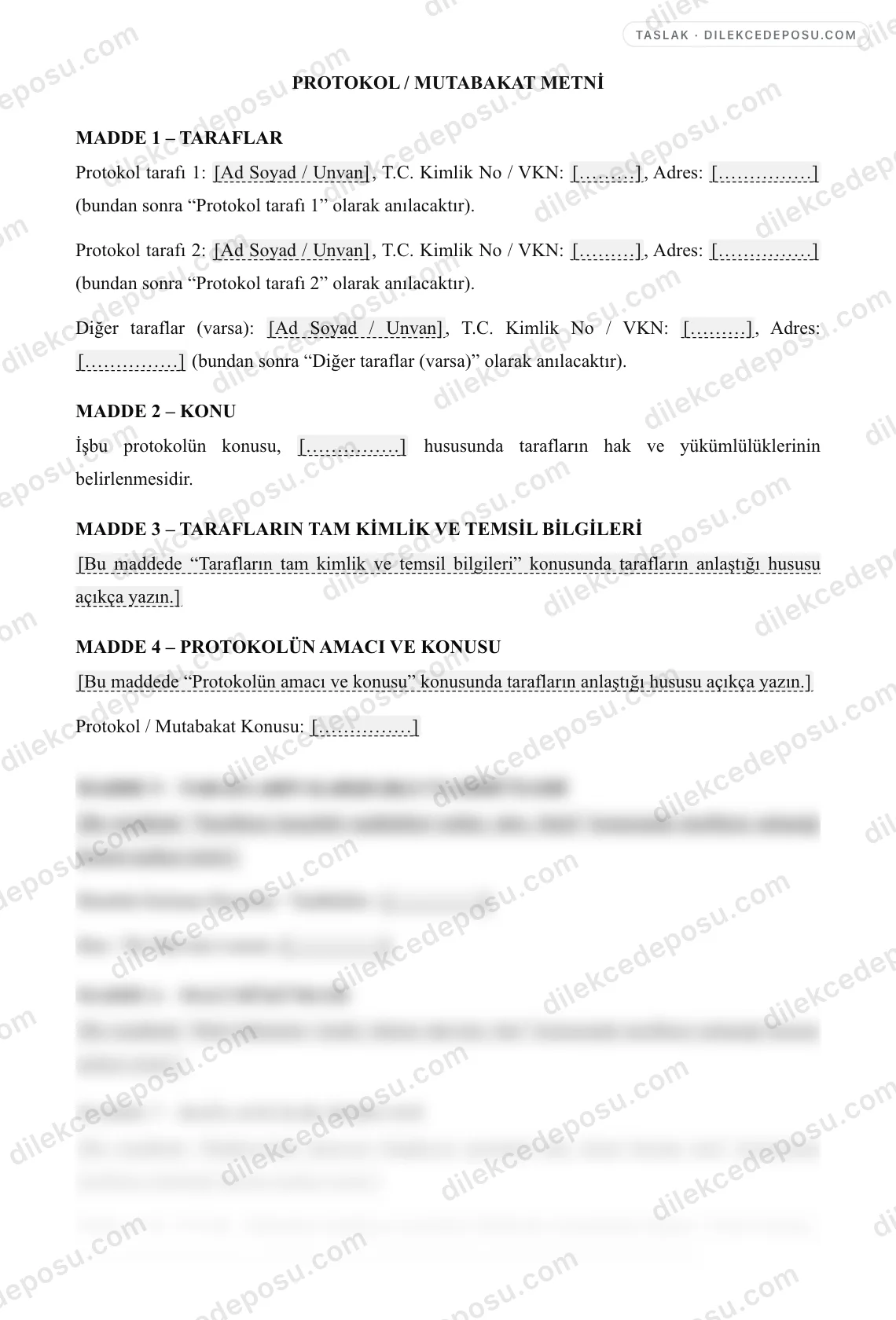 Protokol / Mutabakat Metni Örneği – taslağın ilk bölümünün önizlemesi