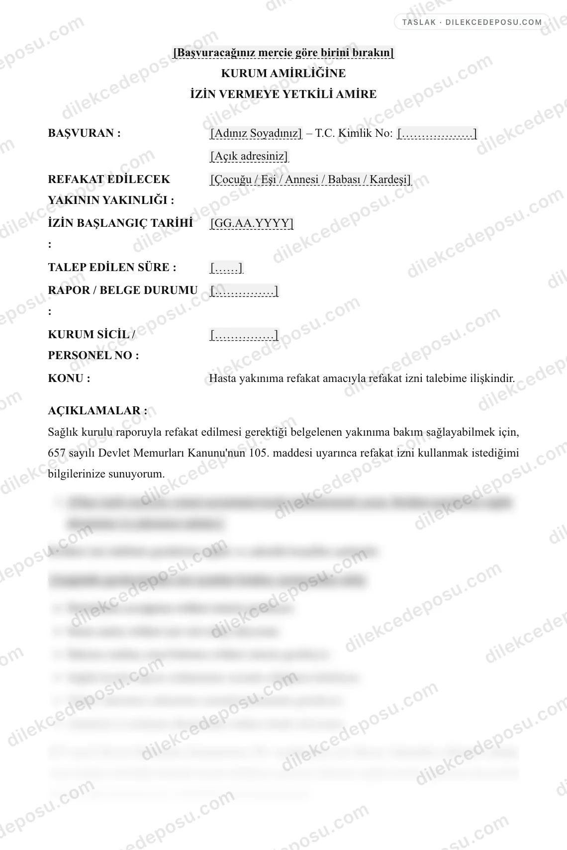 Refakat İzni Talep Dilekçesi (Memur) Örneği – taslağın ilk bölümünün önizlemesi