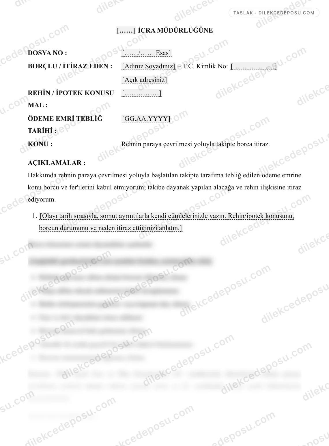 Rehnin Paraya Çevrilmesi Yoluyla Takipte Borca İtiraz Dilekçesi Örneği – taslağın ilk bölümünün önizlemesi