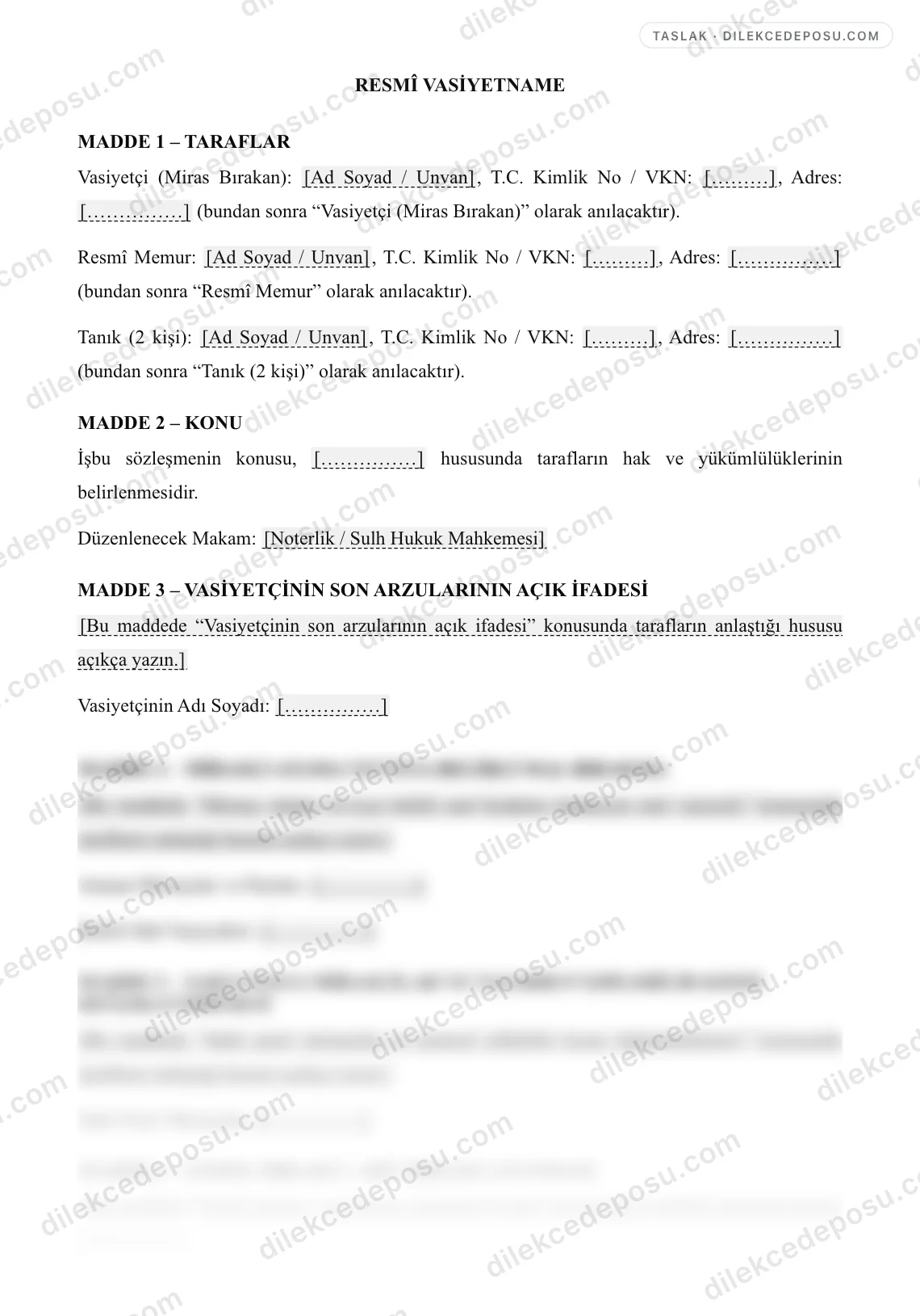 Resmî Vasiyetname Örneği – taslağın ilk bölümünün önizlemesi
