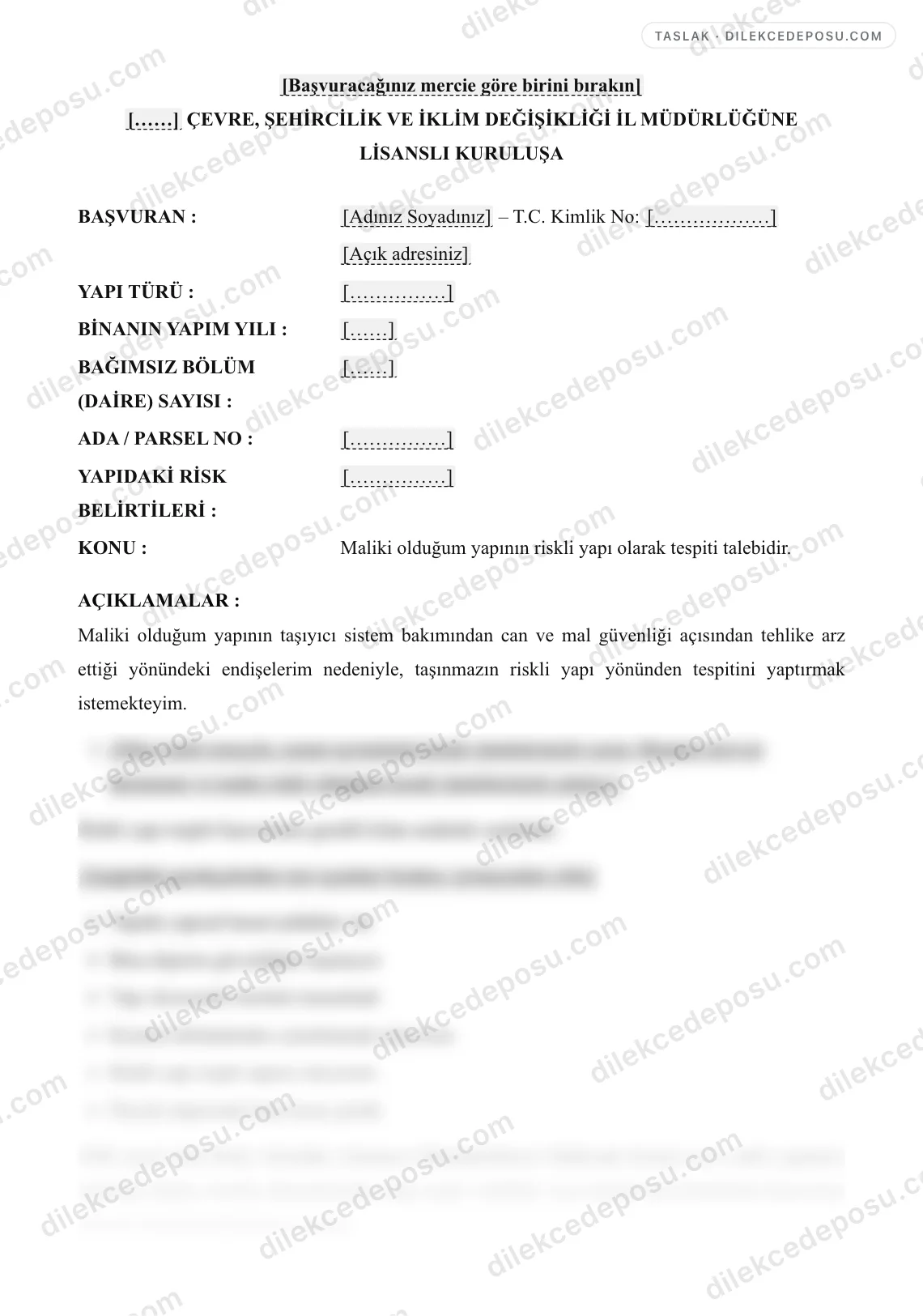 Riskli Yapı Tespiti Başvurusu (Kentsel Dönüşüm) Örneği – taslağın ilk bölümünün önizlemesi