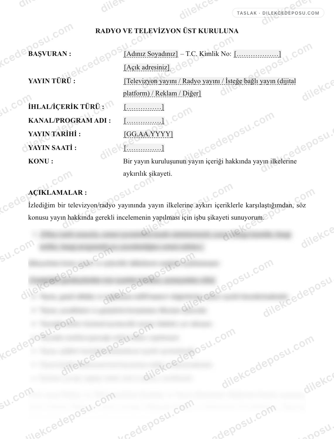 RTÜK Şikayet Dilekçesi Örneği – taslağın ilk bölümünün önizlemesi
