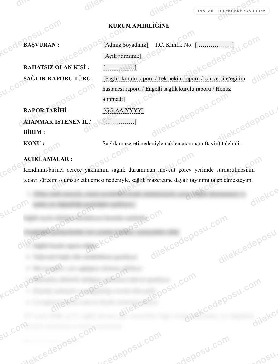 Sağlık Tayin Dilekçesi Örneği – taslağın ilk bölümünün önizlemesi