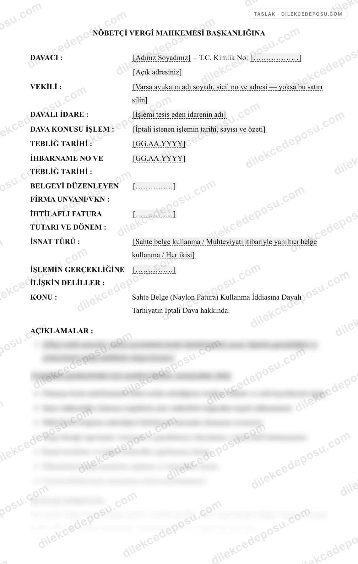 Sahte Belge (Naylon Fatura) Kullanma İddiasına Dayalı Tarhiyatın İptali Dava Dilekçesi Örneği – taslağın ilk bölümünün önizlemesi
