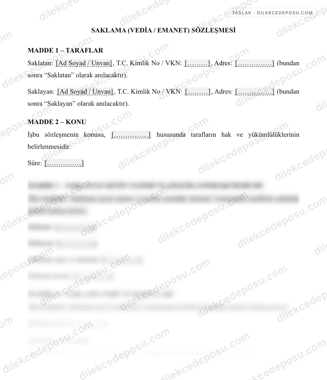 Saklama (Vedia / Emanet) Sözleşmesi Örneği – taslağın ilk bölümünün önizlemesi