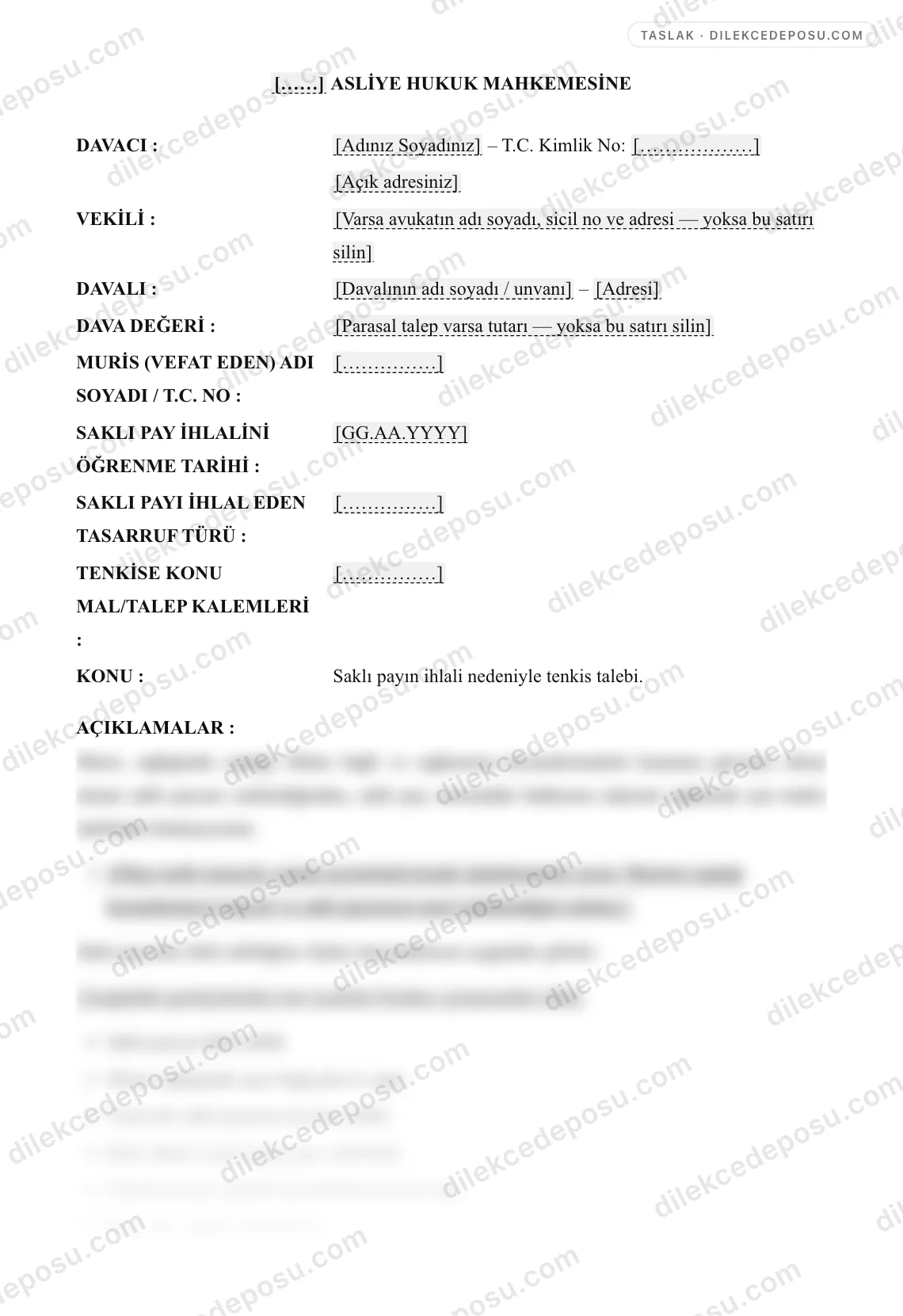 Saklı Pay İhlali Nedeniyle Tenkis Davası Örneği – taslağın ilk bölümünün önizlemesi