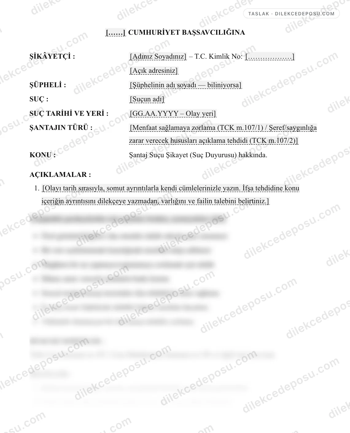 Şantaj Suçu Şikayet (Suç Duyurusu) Dilekçesi Örneği – taslağın ilk bölümünün önizlemesi