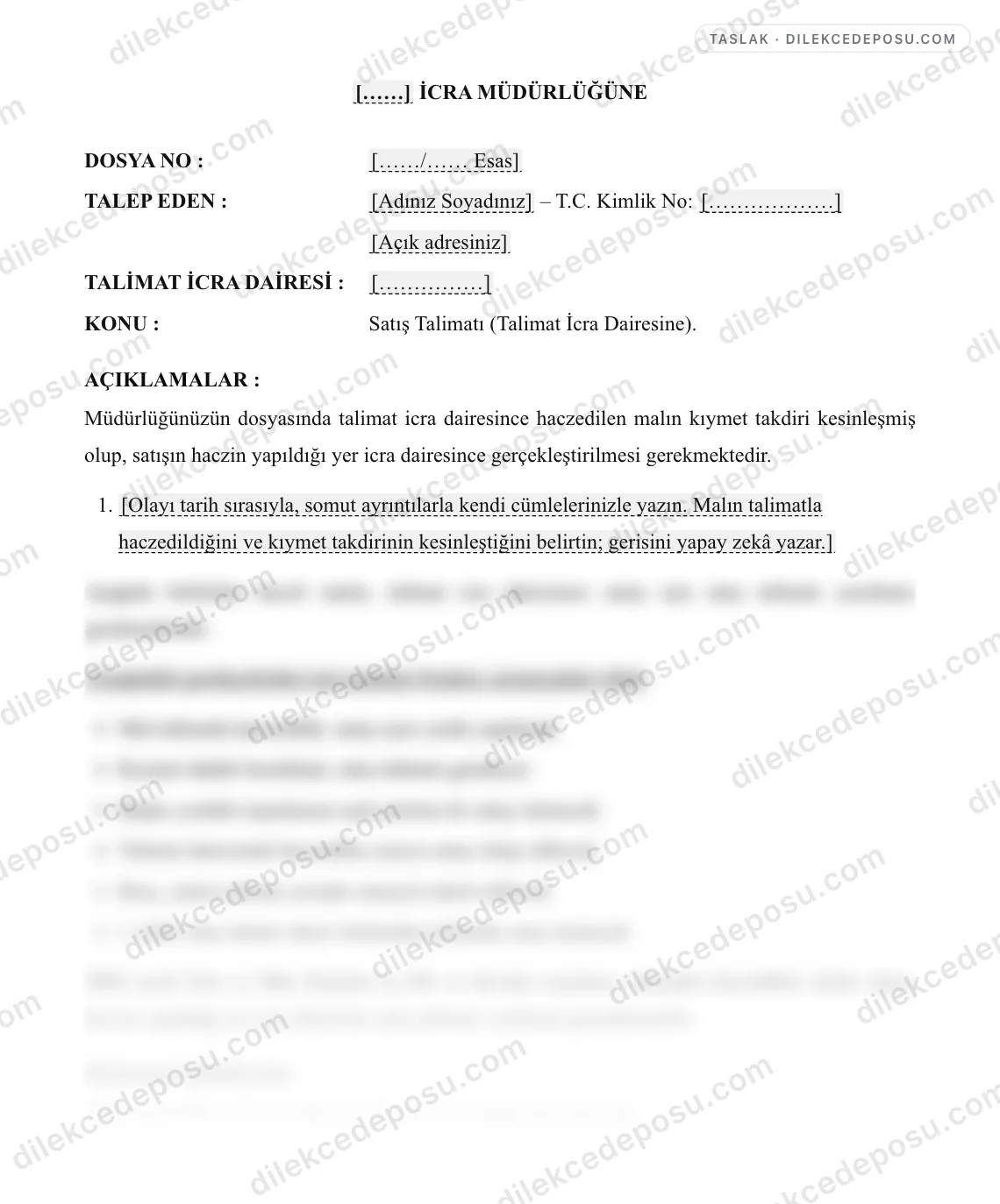 Satış Talimatı Örneği – taslağın ilk bölümünün önizlemesi