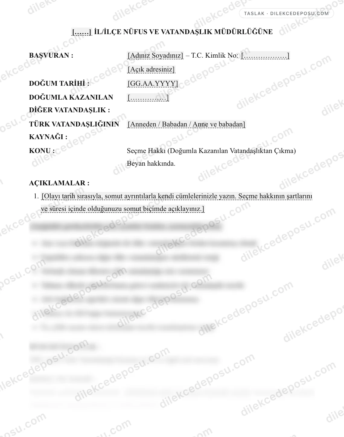 Seçme Hakkı (Doğumla Kazanılan Vatandaşlıktan Çıkma) Beyan Dilekçesi Örneği – taslağın ilk bölümünün önizlemesi