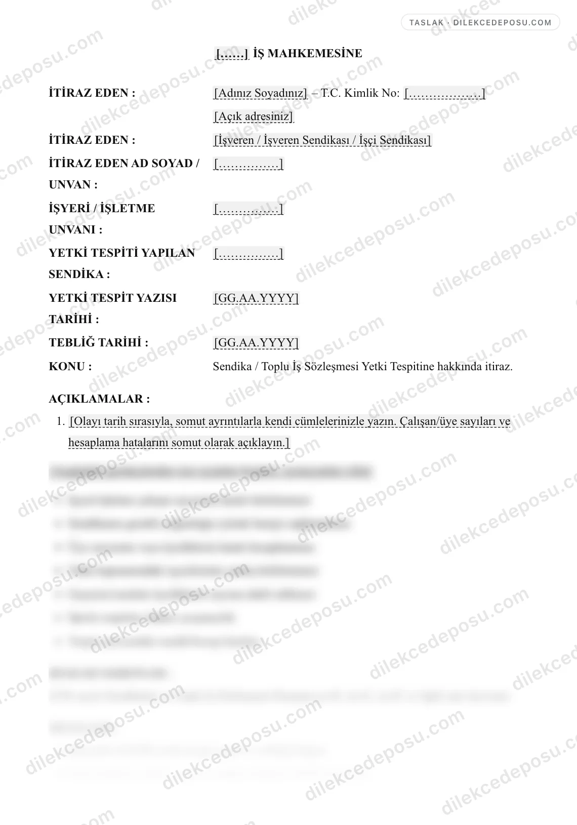 Sendika / Toplu İş Sözleşmesi Yetki Tespitine İtiraz Dilekçesi Örneği – taslağın ilk bölümünün önizlemesi