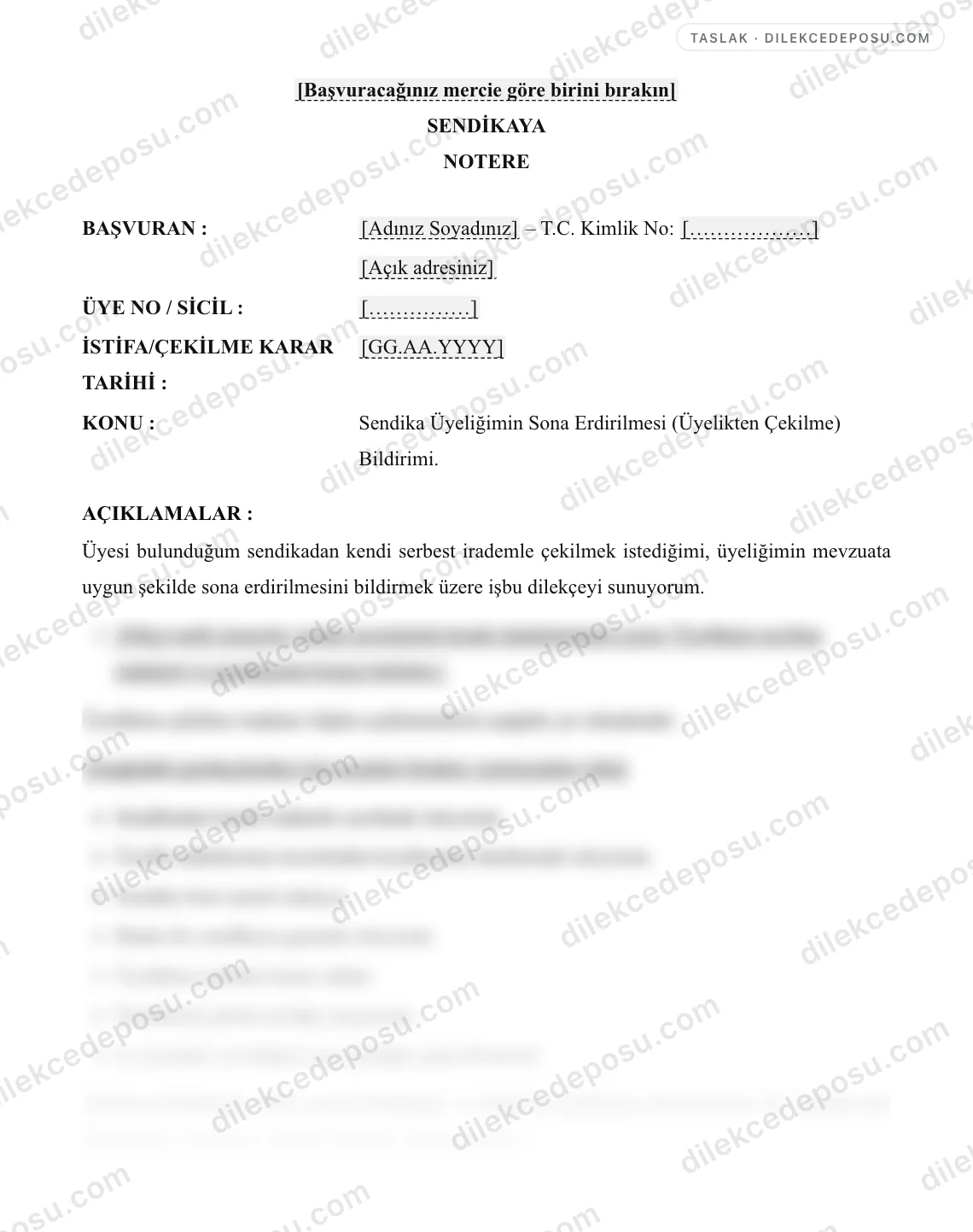 Sendika Üyelik İptal Dilekçesi Örneği – taslağın ilk bölümünün önizlemesi