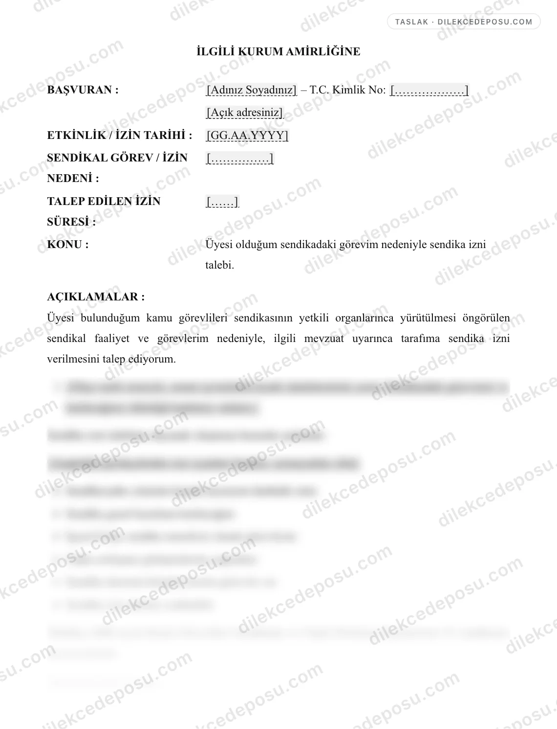 Sendikal Görev (Sendika İzni) Talep Dilekçesi Örneği – taslağın ilk bölümünün önizlemesi