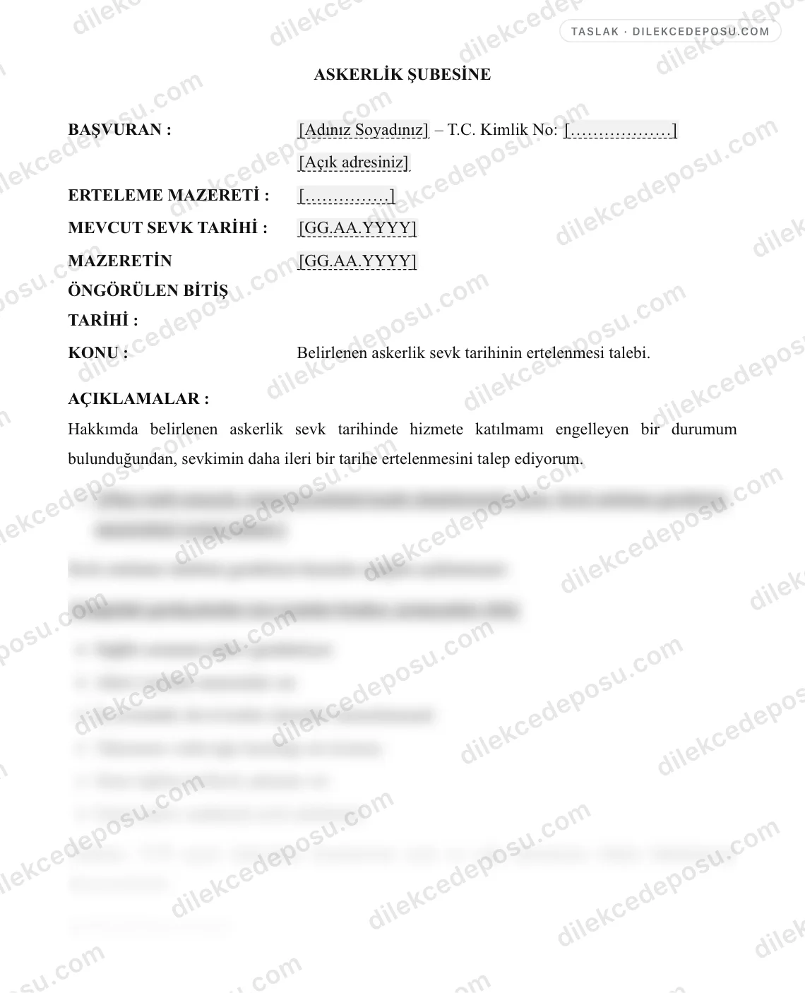 Sevk Erteleme Dilekçesi Örneği – taslağın ilk bölümünün önizlemesi