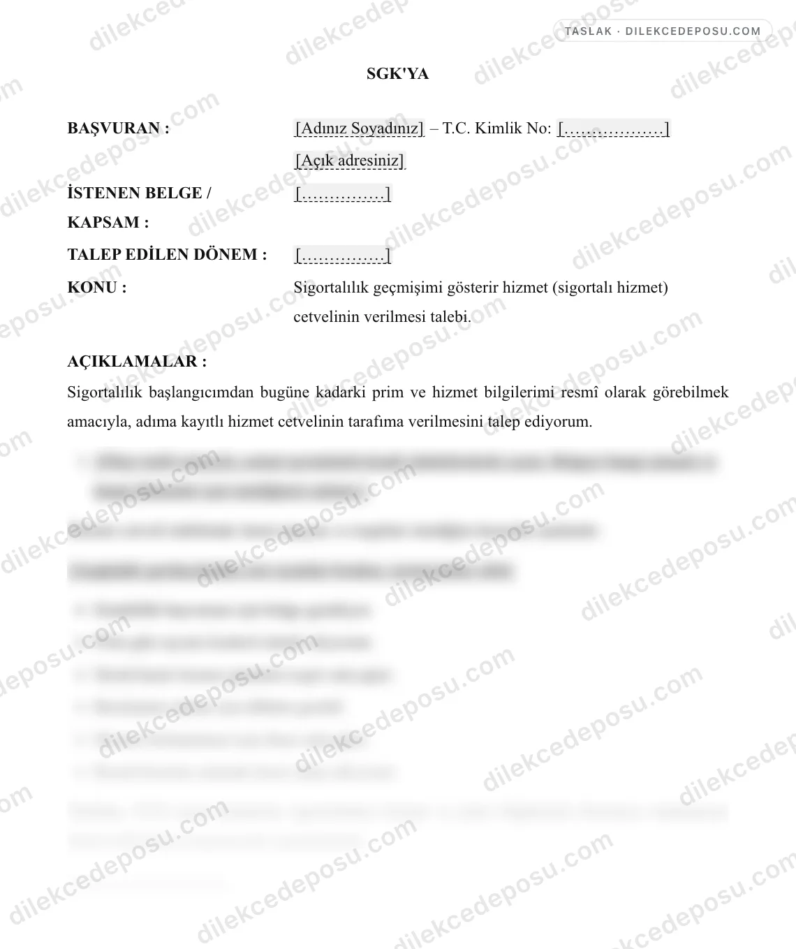SGK Hizmet Cetveli Talep Örneği – taslağın ilk bölümünün önizlemesi