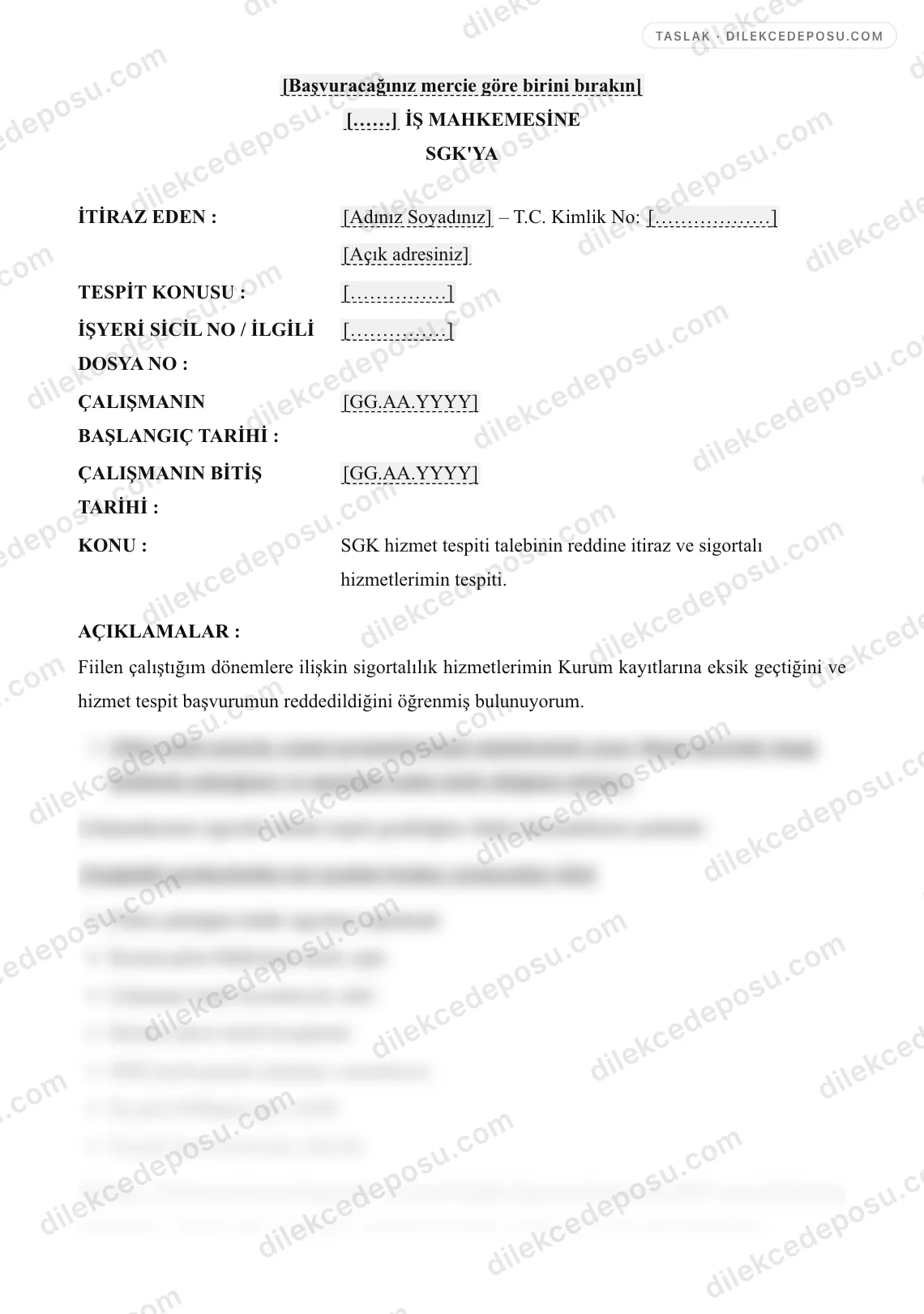 SGK Hizmet Tespit/Ret İtirazı Örneği – taslağın ilk bölümünün önizlemesi