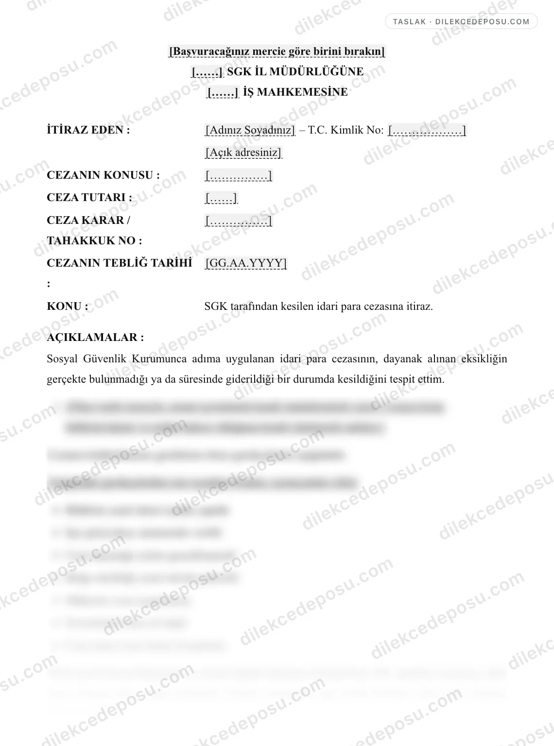 SGK İdari Para Cezası İtiraz Örneği – taslağın ilk bölümünün önizlemesi