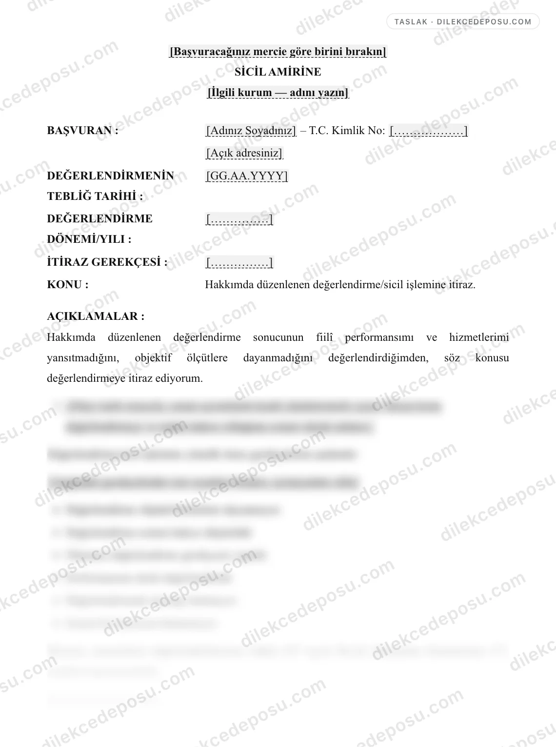 Sicil İtiraz Dilekçesi Örneği – taslağın ilk bölümünün önizlemesi