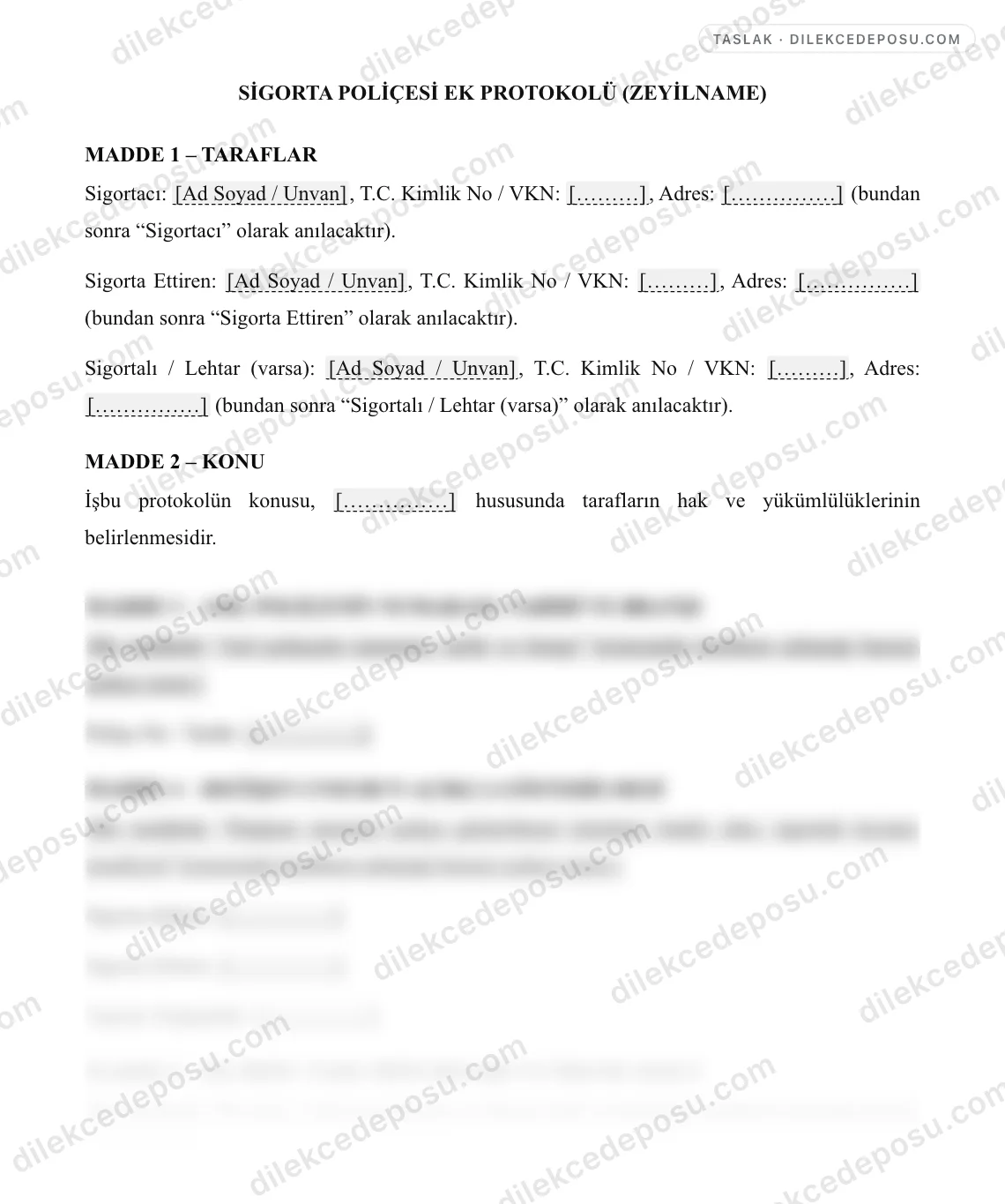 Sigorta Poliçesi Ek Protokolü (Zeyilname) Örneği – taslağın ilk bölümünün önizlemesi