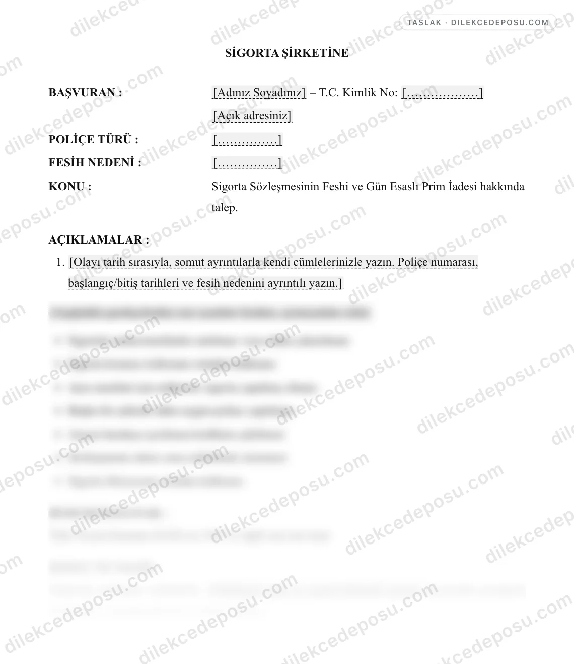 Sigorta Sözleşmesinin Feshi ve Gün Esaslı Prim İadesi Talep Dilekçesi Örneği – taslağın ilk bölümünün önizlemesi