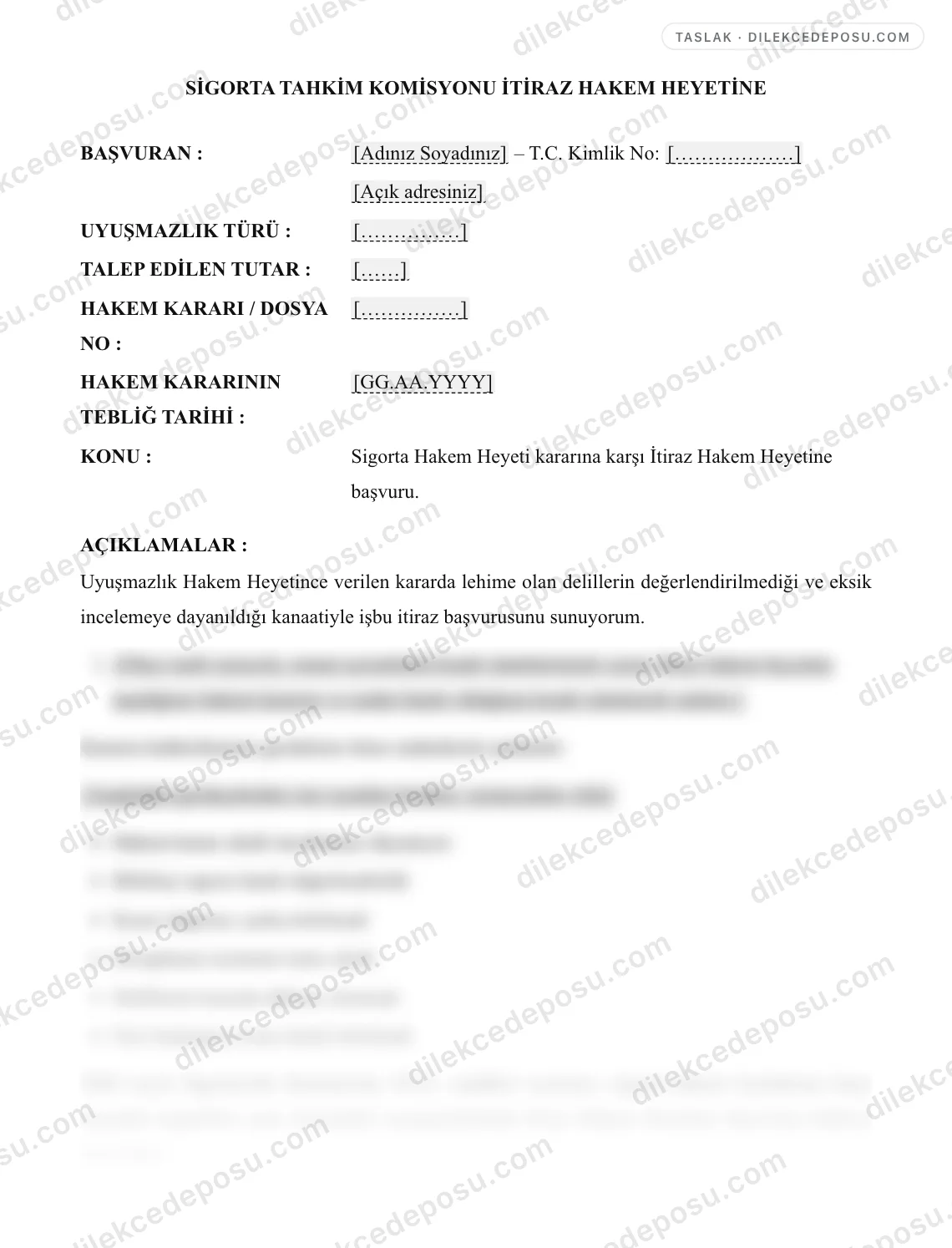 Sigorta Tahkim İtiraz Hakem Heyetine Başvuru Örneği – taslağın ilk bölümünün önizlemesi