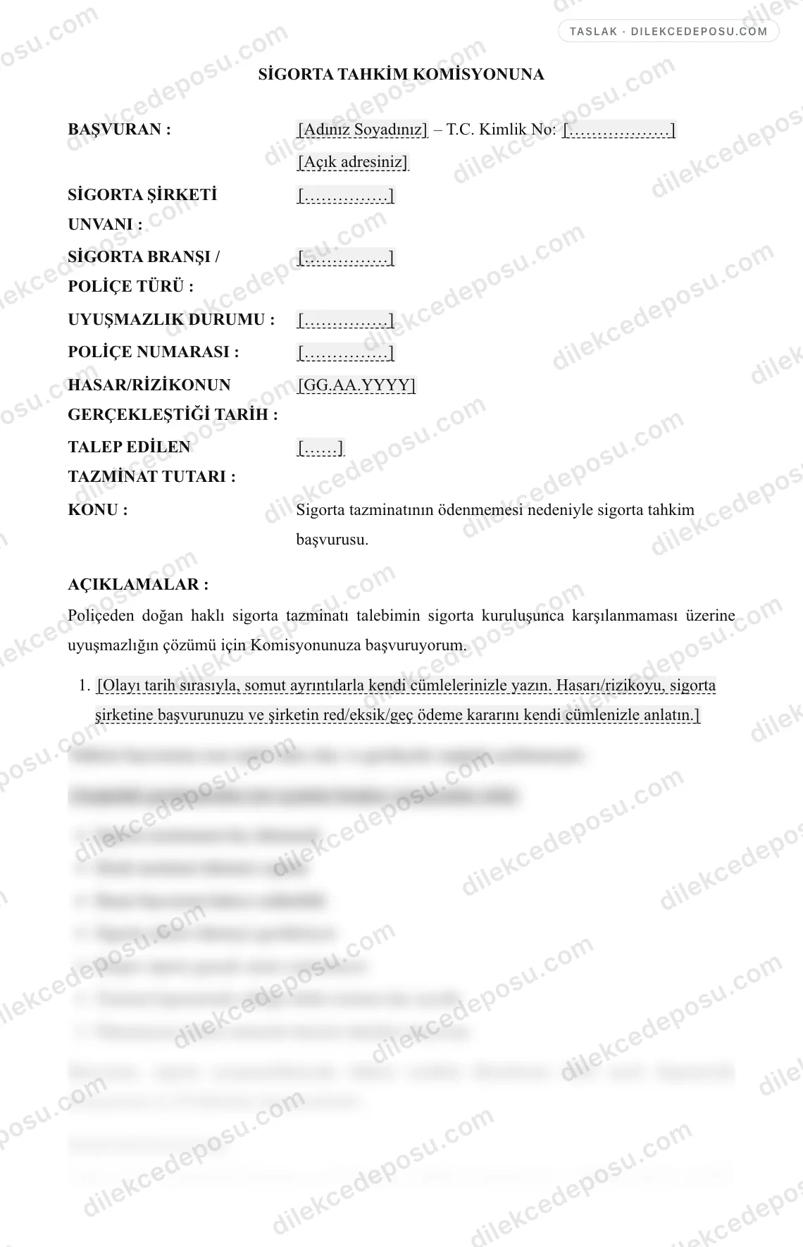 Sigorta Tahkim Komisyonu Başvurusu Örneği – taslağın ilk bölümünün önizlemesi