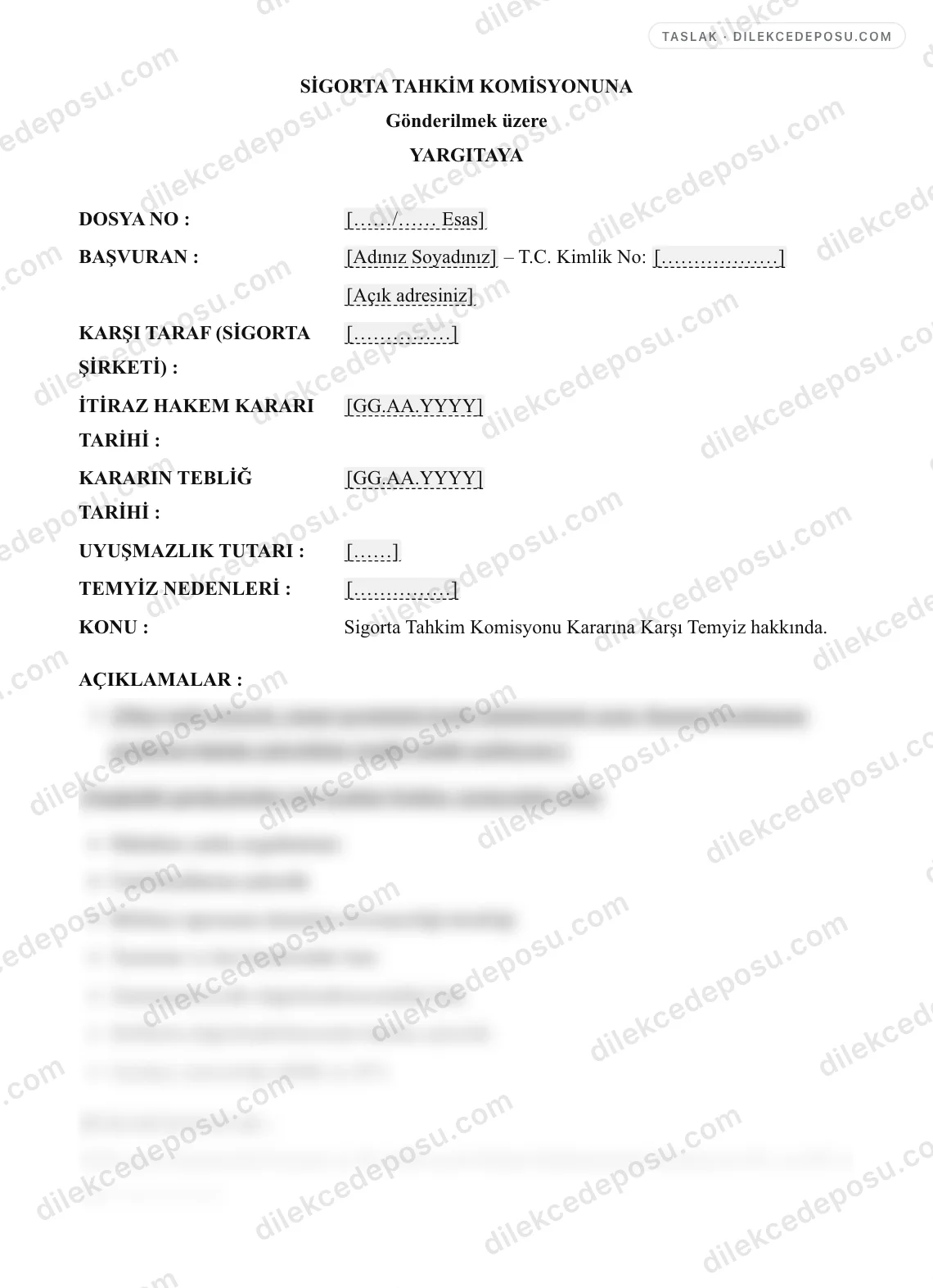 Sigorta Tahkim Komisyonu Kararına Karşı Temyiz Dilekçesi (Yargıtay) Örneği – taslağın ilk bölümünün önizlemesi