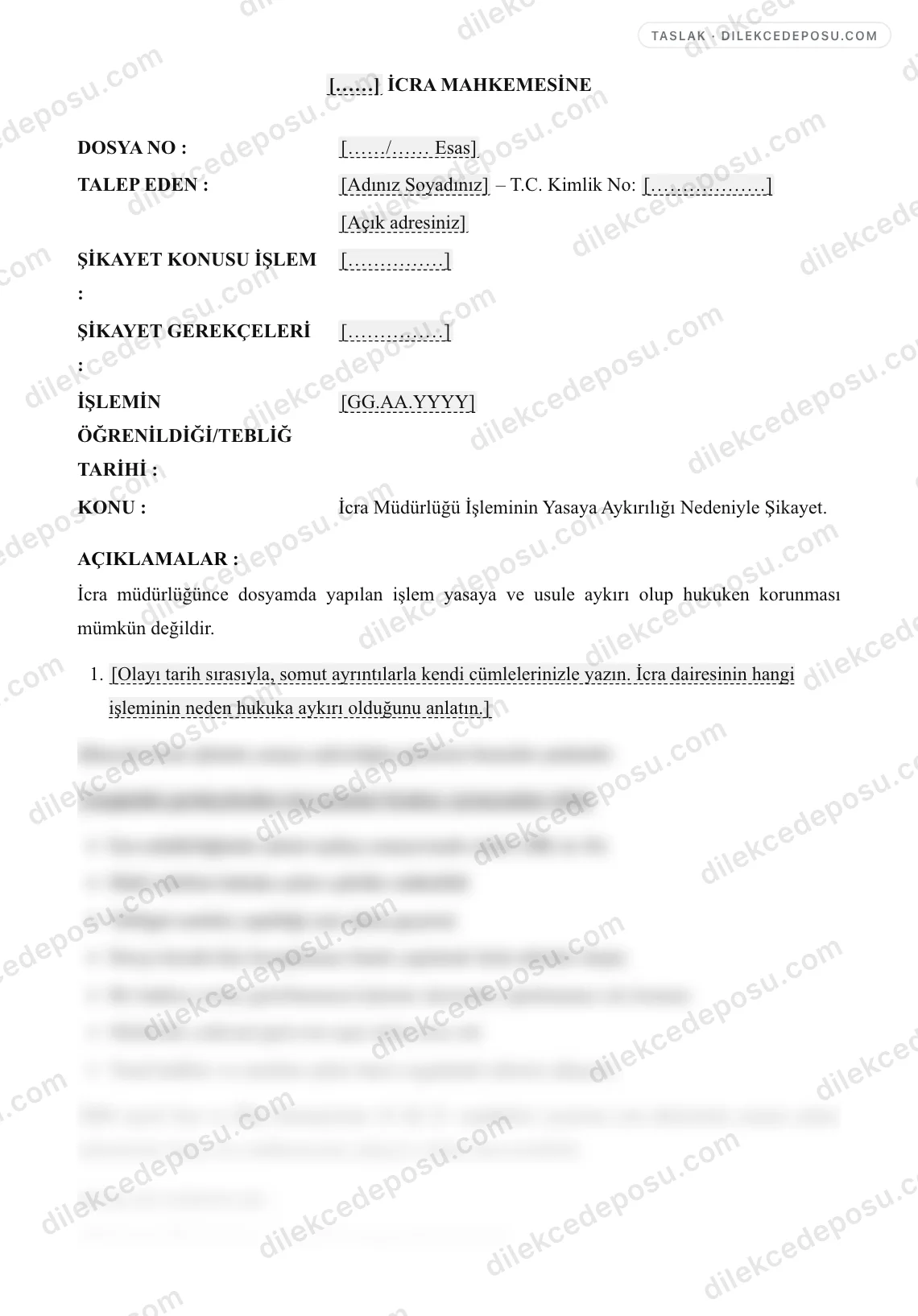 Şikayet (İcraya) Dilekçesi Örneği – taslağın ilk bölümünün önizlemesi