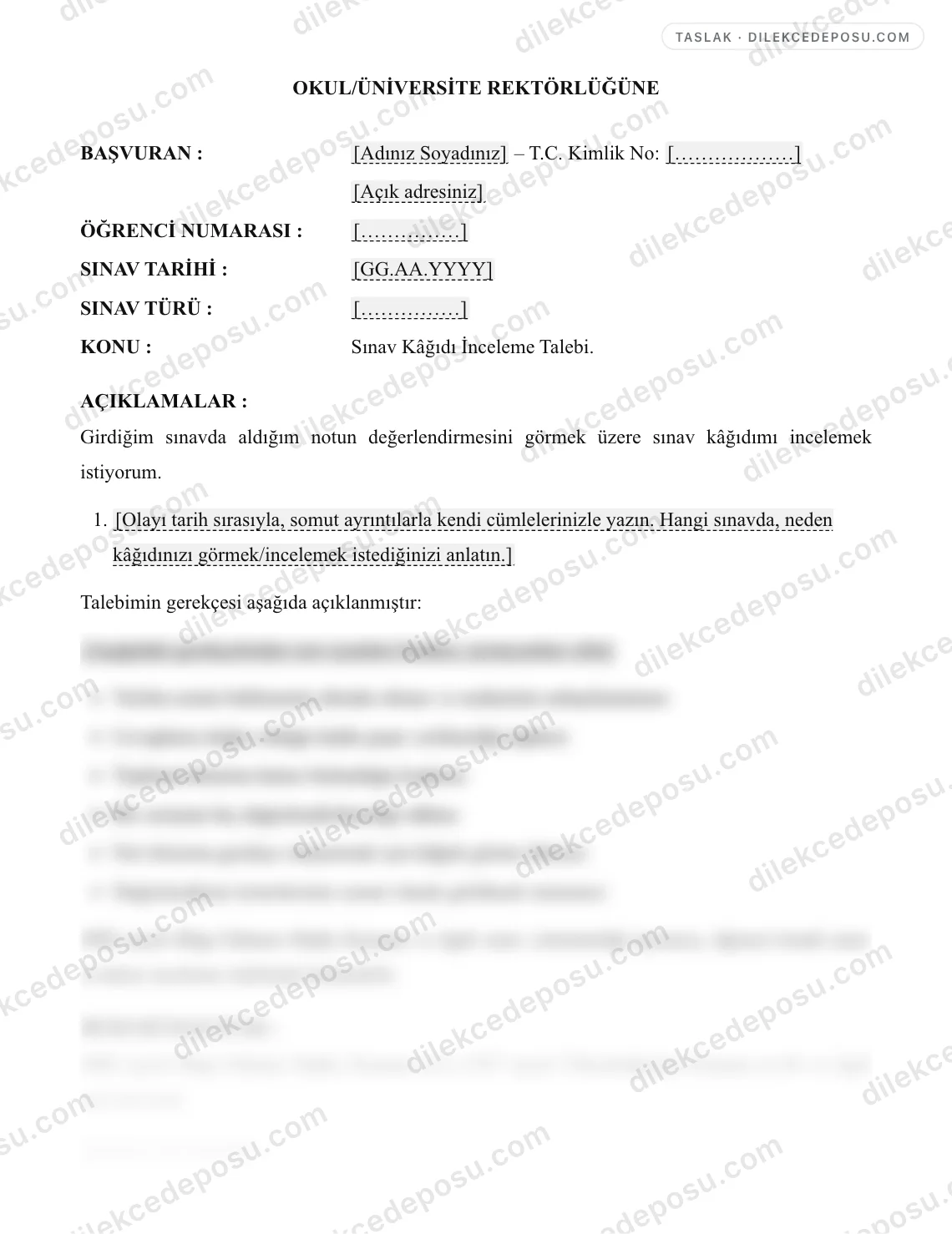 Sınav Kâğıdı Görme/İnceleme Talep Dilekçesi Örneği – taslağın ilk bölümünün önizlemesi