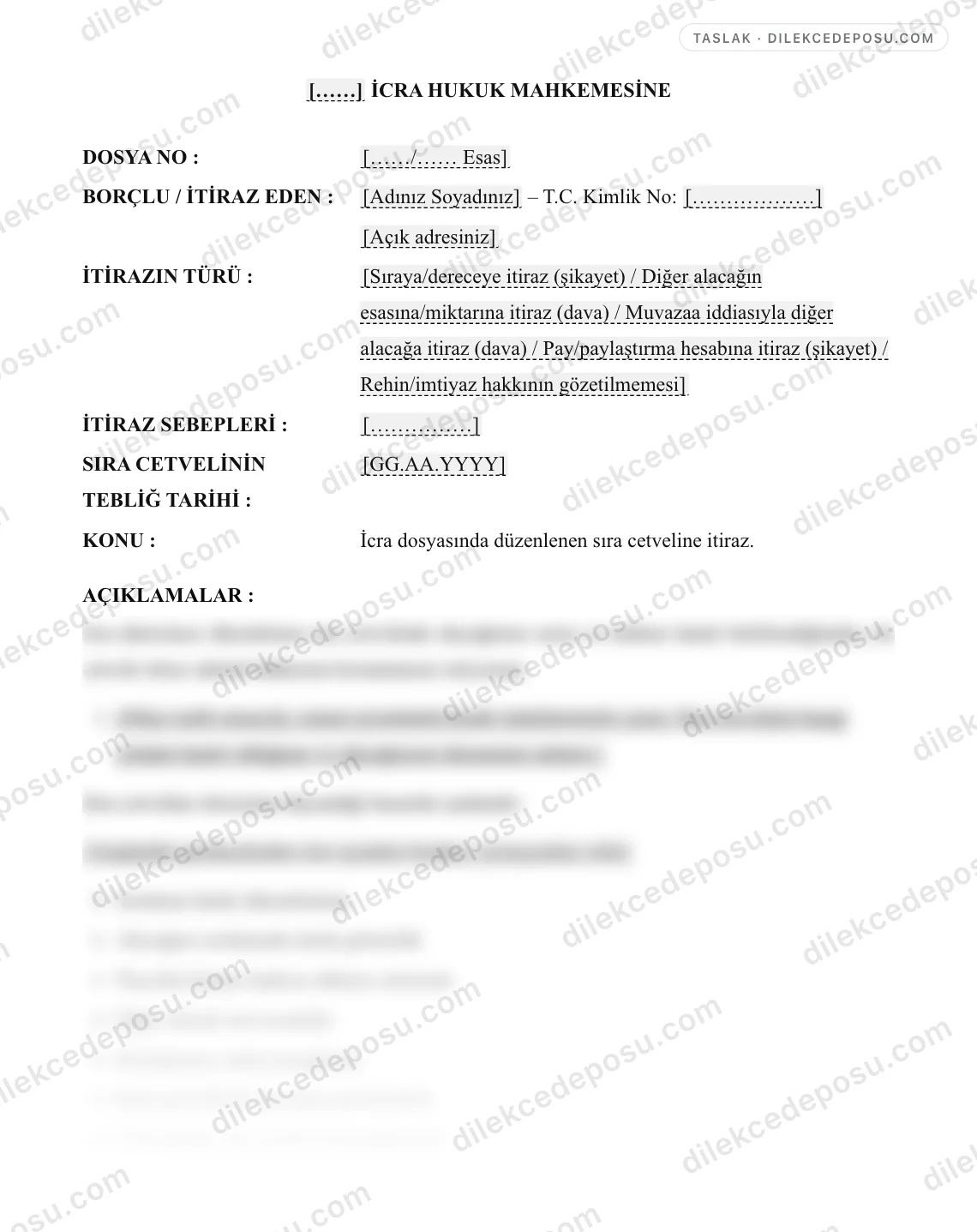 Sıra Cetveline İtiraz Davası Örneği – taslağın ilk bölümünün önizlemesi