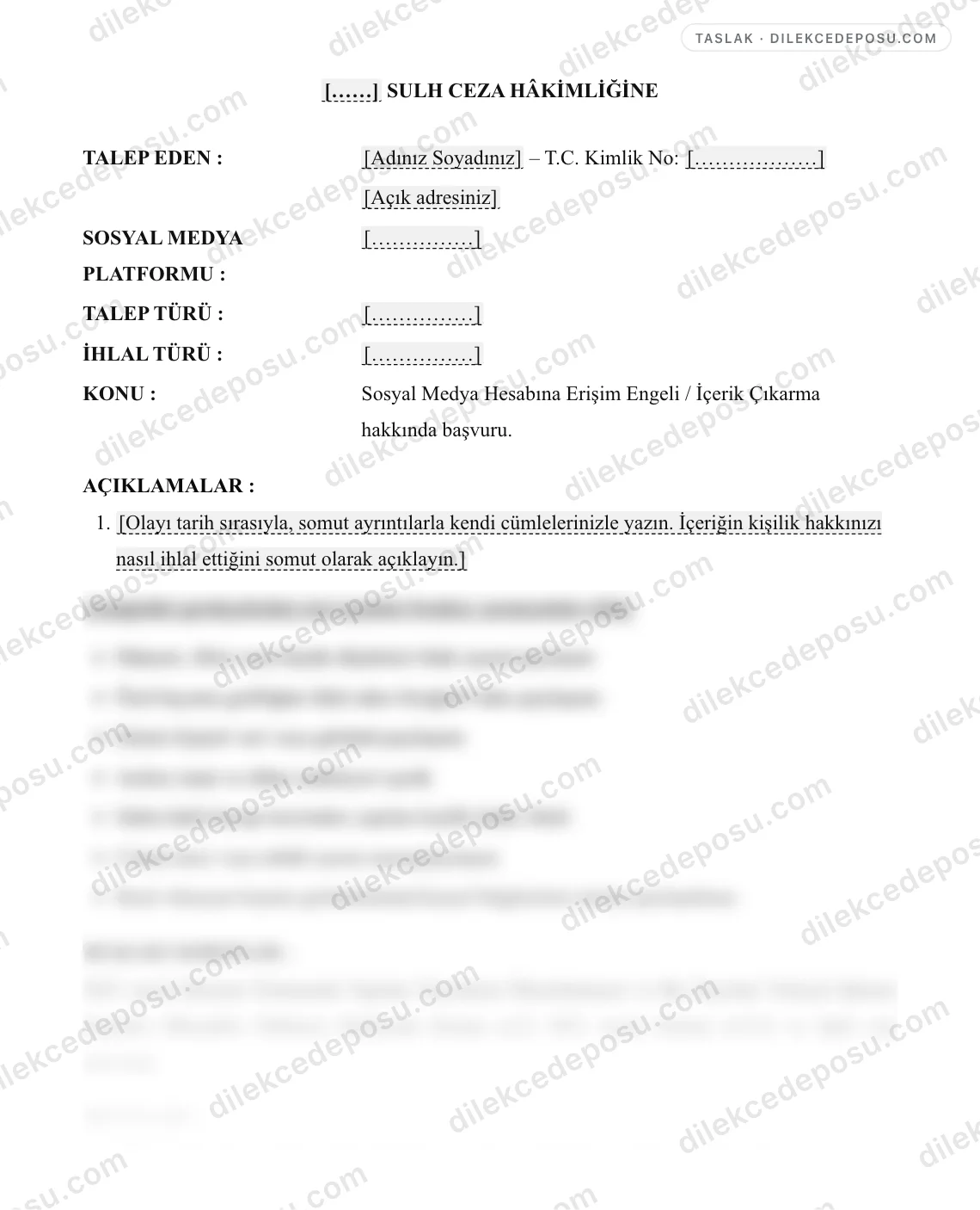 Sosyal Medya Hesabına Erişim Engeli / İçerik Çıkarma Başvurusu (BTK-Sulh Ceza) Örneği – taslağın ilk bölümünün önizlemesi