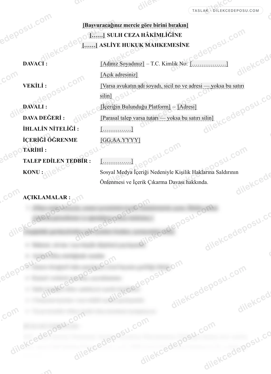 Sosyal Medya İçeriği Nedeniyle Kişilik Haklarına Saldırının Önlenmesi ve İçerik Çıkarma Davası Örneği – taslağın ilk bölümünün önizlemesi