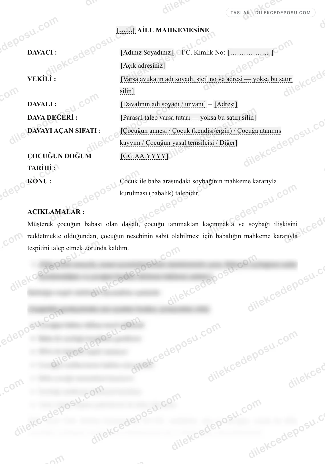 Soybağı (Babalık) Davası Dilekçesi Örneği – taslağın ilk bölümünün önizlemesi