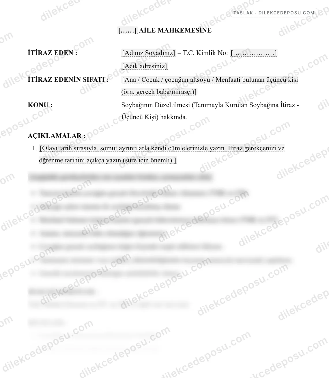 Soybağının Düzeltilmesi (Tanımayla Kurulan Soybağına İtiraz - Üçüncü Kişi) Dilekçesi Örneği – taslağın ilk bölümünün önizlemesi