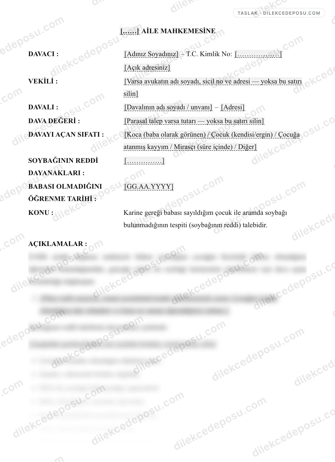 Soybağının Reddi Dilekçesi Örneği – taslağın ilk bölümünün önizlemesi