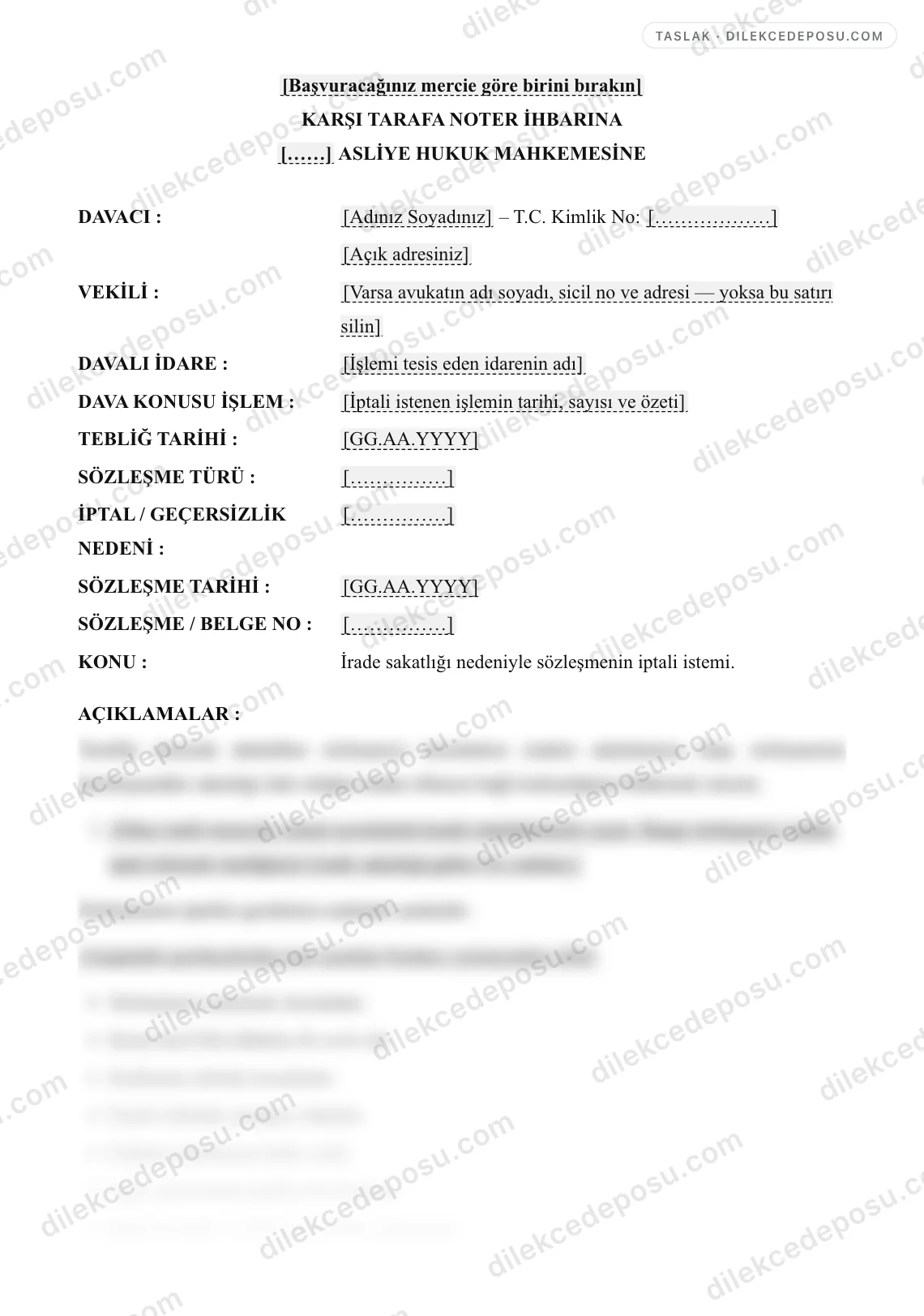 Sözleşme İptal Dilekçesi Örneği – taslağın ilk bölümünün önizlemesi