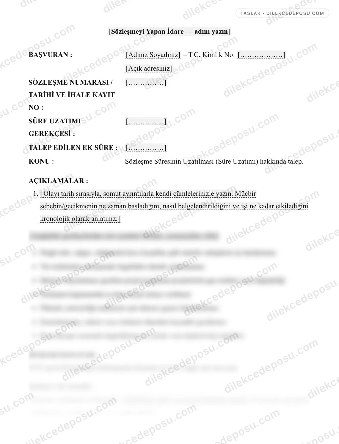 Sözleşme Süresinin Uzatılması (Süre Uzatımı) Talep Dilekçesi (Kamu Sözleşmesi) Örneği – taslağın ilk bölümünün önizlemesi
