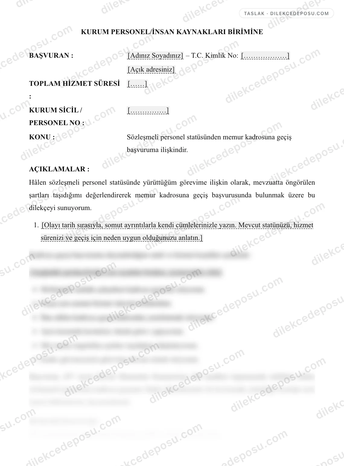 Sözleşmeli Personel Kadroya Geçiş Başvuru Dilekçesi Örneği – taslağın ilk bölümünün önizlemesi