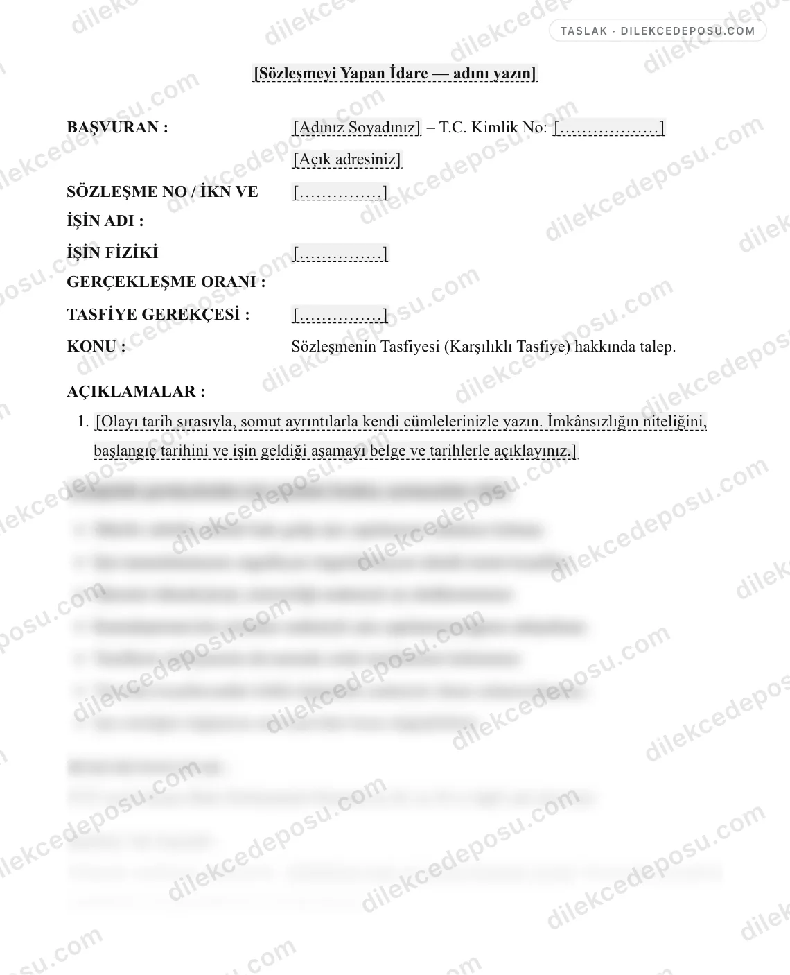 Sözleşmenin Tasfiyesi (Karşılıklı Tasfiye) Talep Dilekçesi (Kamu Sözleşmesi) Örneği – taslağın ilk bölümünün önizlemesi
