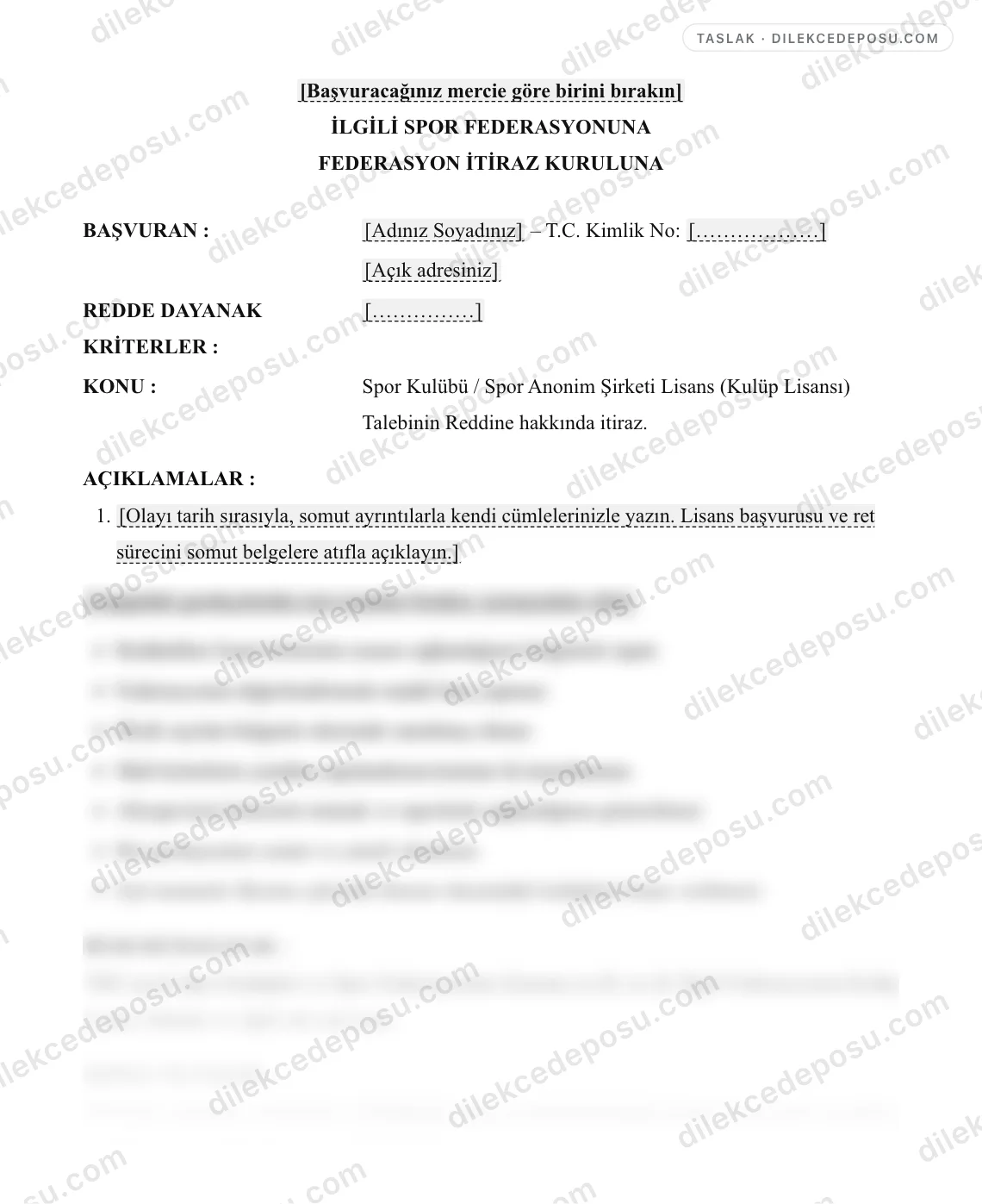 Spor Kulübü / Spor Anonim Şirketi Lisans (Kulüp Lisansı) Talebinin Reddine İtiraz Dilekçesi Örneği – taslağın ilk bölümünün önizlemesi