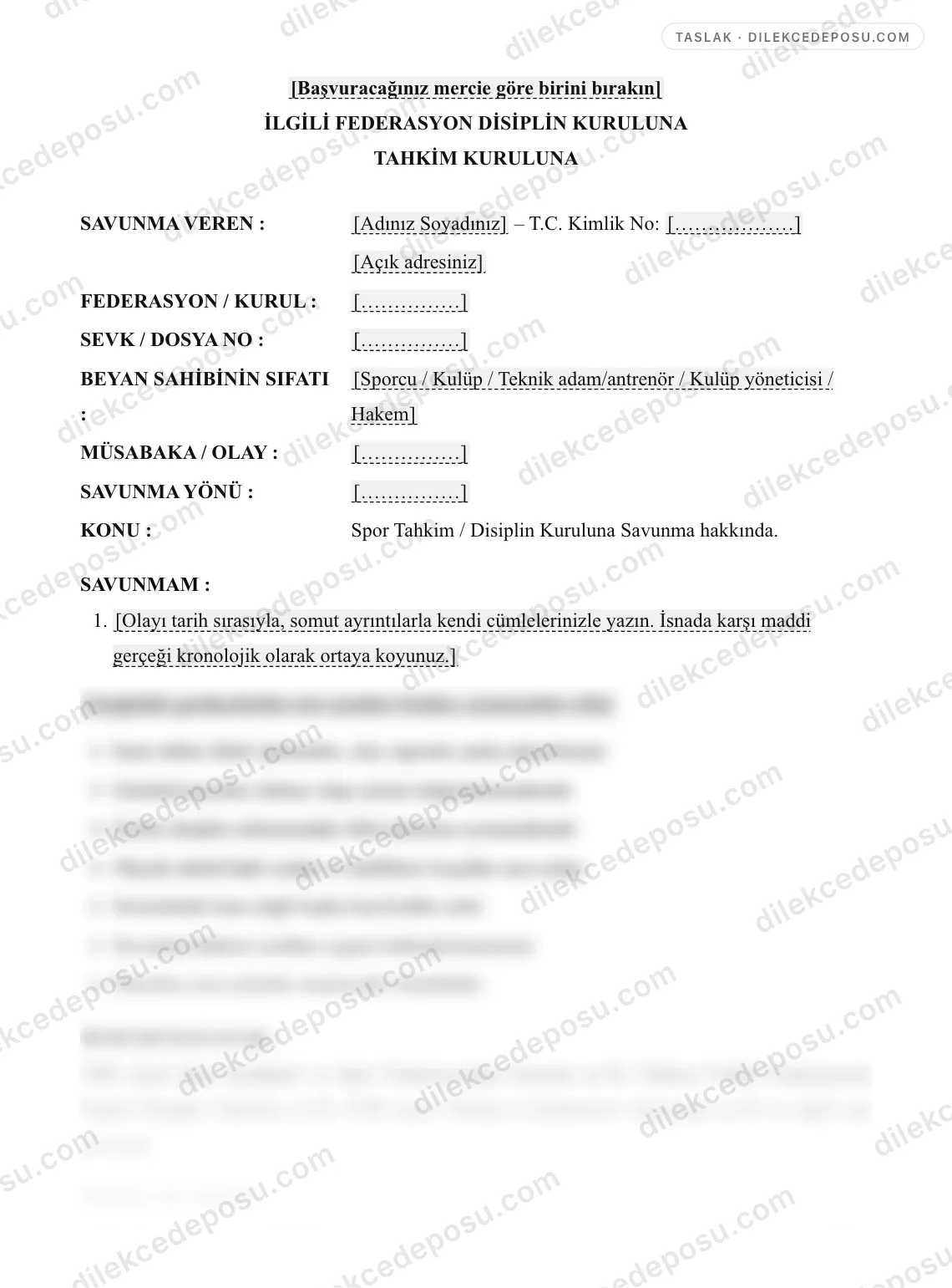 Spor Tahkim / Disiplin Kuruluna Savunma Dilekçesi Örneği – taslağın ilk bölümünün önizlemesi