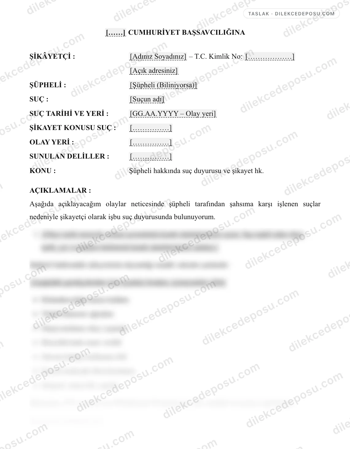 Suç Duyurusu (Şikayet) Dilekçesi Örneği – taslağın ilk bölümünün önizlemesi