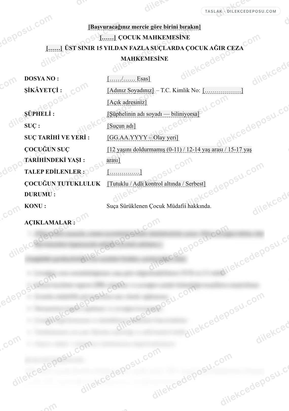 Suça Sürüklenen Çocuk Müdafii Dilekçesi Örneği – taslağın ilk bölümünün önizlemesi