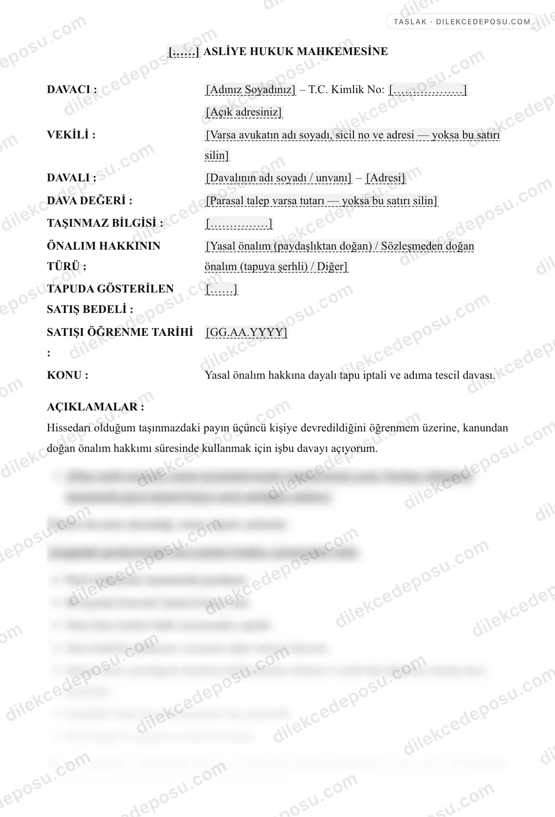 Şufa (Önalım) Hakkı Davası Dilekçesi Örneği – taslağın ilk bölümünün önizlemesi
