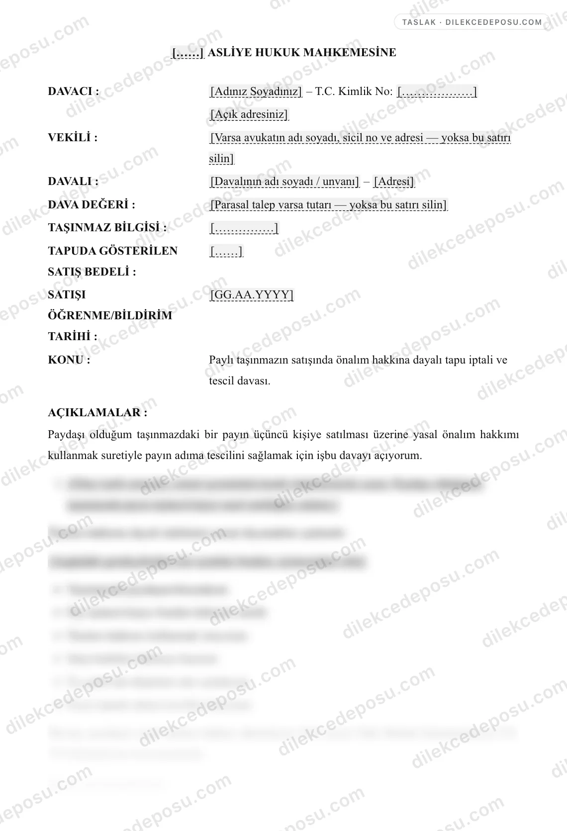Şufa (Önalım) Hakkına Dayalı Tapu İptali ve Tescil Davası Örneği – taslağın ilk bölümünün önizlemesi